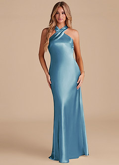 Azazie Doretta Bridesmaid Dresses Steel Blue Mermaid Bow Metallic Satin Dress image1