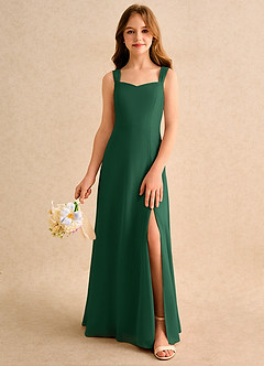 Azazie Makani Girls Formal Robe Demoiselle D'honneur Fillette Robe Trapèze en Mousseline de soie Décolleté en cœur Vert Foncé image3