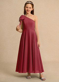 Azazie Guppy Girls Formal Flower Girl Dresses Pomegranate A-Line One Shoulder Chiffon Dress image3