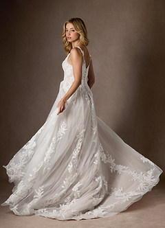 Azazie Delaina Wedding Dresses Diamond White Nude A-Line V-Neck Sequins Tulle Dress image10