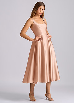 Azazie Amalie Robes de demoiselle d'honneur Robe Trapèze en Satin extensible Plissée Or Rose image4