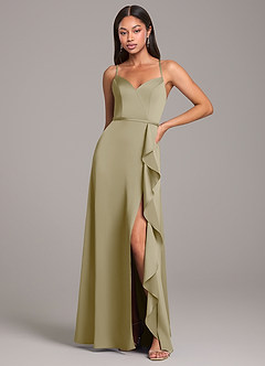 Azazie Naeem Robes de demoiselle d'honneur Robe Trapèze en Satin extensible Vert Mousse image1