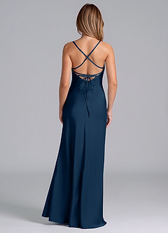 Azazie Seema Vestidos de damas de honor Vestido de Azul Marino Oscuro de Satén Elástico de Corte Sirena con Corsé image7