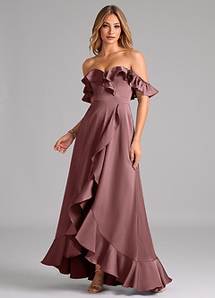 Azazie Lyra Bridesmaid Dresses Vintage Mauve A-Line Off the Shoulder Stretch Satin Convertible Dress image1