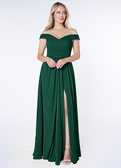 Azazie Audrianna Jurken voor bruidsmeisjes Converteerbaar Jurk van Chiffon met A-Lijn Off-the-shoulder verzameld Smaragd image1