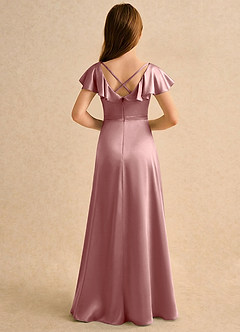 Azazie Nari Girls Formal Robe Demoiselle D'honneur Fillette Robe Trapèze en Satin extensible avec manches Rose Poussiéreuse image2