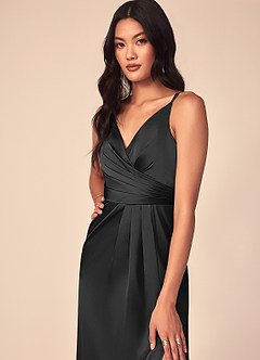 Azazie Aqua Vestidos de damas de honor Vestido de Negro de Satén Elástico de Corte en A con Cuello en V plisado image6