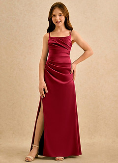 Azazie Cannoli Girls Formal Flower Girl Dresses Scarlet A-Line Pleated Matte Satin Dress image3