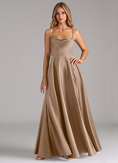Azazie Elle Bridesmaid Dresses Taupe A-Line Pleated Stretch Satin Dress image1