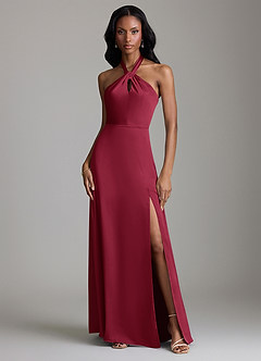 Azazie Tracie Bridesmaid Dresses Burgundy A-Line Side Slit Stretch Satin Dress image1