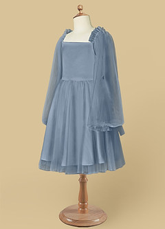 Azazie Aya Flower Girl Dresses Dusty Blue A-Line with Sleeves Tulle Dress image8
