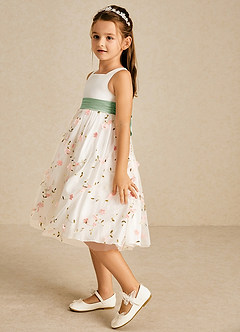 Azazie Pollie Flower Girl Dresses Blushing Pink Dusty Sage A-Line Bow Tulle Dress image5