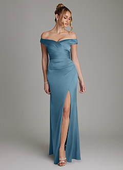 Azazie Teyana Bridesmaid Dresses Bermuda Sheath Off the Shoulder Stretch Satin Dress image1