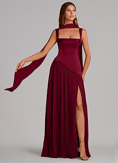 Azazie Stephanie Bridesmaid Dresses Burgundy A-Line Pleated Stretch Satin Dress image1