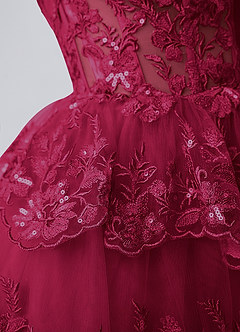 Liaorde Burgund Minikleid aus Spitze, Pailletten, Stickerei, Rüschen, A-Linie, Korsett image6
