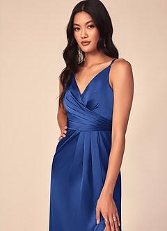Azazie Aqua Brautjungfernkleider A-Linie V-Hals Gefaltet Stretch-Satin Kleid Königsblau image6