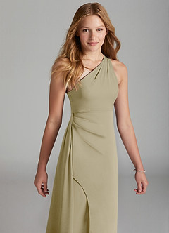 Azazie Maron Junior Moss Green A-Line Pleated Stretch Satin Dress image3
