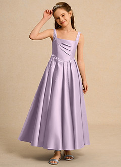 Azazie Mochi Girls Formal Flower Girl Dresses Frosted Lilac Ball-Gown Pleated Matte Satin Dress image6
