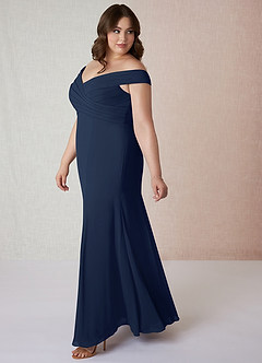 Azazie Lecia Bridesmaid Dresses Dark Navy Empire Off-The-Shoulder Pleated Chiffon Convertible Dress image10