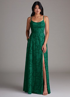 Azazie Moira Bridesmaid Dresses Emerald A-Line Side Slit Floral Burnout Dress image1