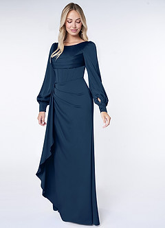 Azazie Raye Bridesmaid Dresses Dark Navy Mermaid Long Sleeve Stretch Satin Dress image3