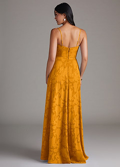 Azazie Moira Bridesmaid Dresses Butterscotch A-Line Side Slit Floral Burnout Dress image2