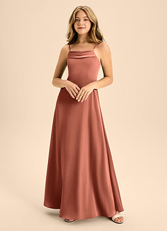 Azazie Anselie Junior Jurk van Stretch Satijn met A-Lijn Off the Shoulder Klei image2