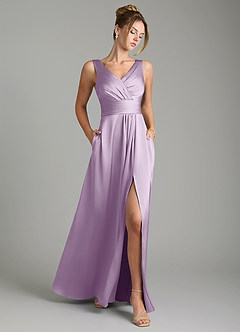 Azazie Karina Bridesmaid Dresses Frosted Lilac A-Line Pleated Stretch Satin Dress image1