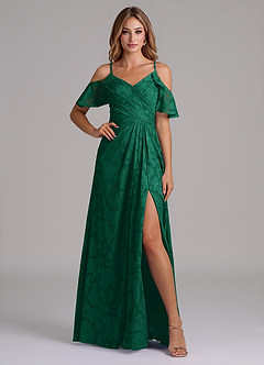 Azazie Dakota Bridesmaid Dresses Emerald A-Line Off the Shoulder Floral Burnout Dress image4