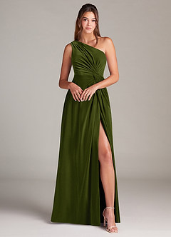 Azazie Brooke Bridesmaid Dresses Olive A-Line One Shoulder Velvet Dress image4
