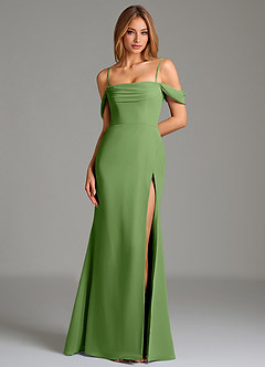 Azazie Riley Essayer des robes à la maison Robe Fourreau Convertible en Mousseline de soie Épaule décolletée Basilic image7