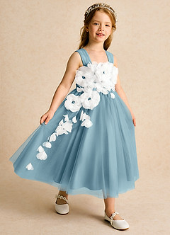 Azazie Dovey Flower Girl Dresses Moody Blue Ball-Gown Bow Tulle Dress image6
