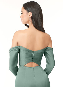 Azazie Hallie Vestidos de damas de honor Vestido de Eucalipto de Satén Elástico de Corte Recto Convertible con Manga larga con hombros descubiertos image7