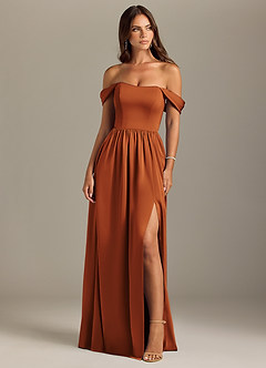 Azazie Calianna Bridesmaid Dresses Cinnamon A-Line Off the Shoulder Stretch Satin Convertible Dress image1