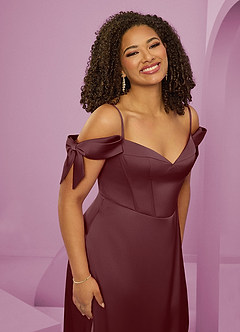 Barbie ♥ Azazie Bridesmaid Dresses Sangria A-Line Off the Shoulder Stretch Satin Dress image14