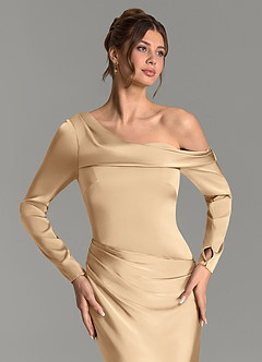 Azazie Sandra Bridesmaid Dresses Champagne Mermaid Long Sleeve Stretch Satin Dress image7