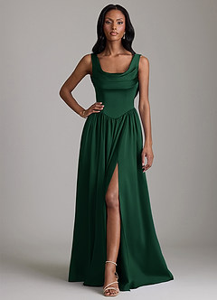 Azazie Novi Bridesmaid Dresses Dark Green A-Line with Pockets Stretch Satin Dress image1