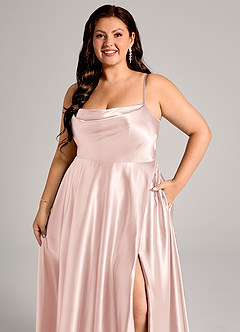 Azazie Elle Bridesmaid Dresses Blushing Pink A-Line with Pockets Metallic Satin Dress image12