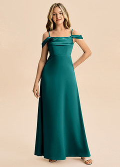 Azazie Lettie Junior A-Line Off-Shoulder Stræk satin Gulv-længde Junior brudepige Kjole image4