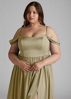 Azazie Morana Jurken voor bruidsmeisjes Converteerbaar Jurk van Stretch Satijn met A-Lijn Off the Shoulder Mosgroen image15