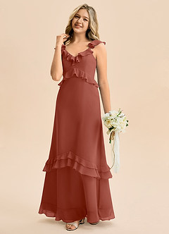 Azazie Tavie Junior Vestido de Castaño de Gasa de Corte en A con Volante image1