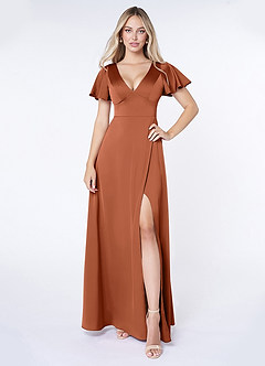 Azazie Lani Bridesmaid Dresses Cedar Rose A-Line Flounce Sleeve Stretch Satin Dress image1