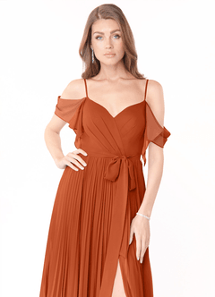 Azazie Lyney Robes de demoiselle d'honneur Robe Trapèze en Mousseline de soie Épaule décolletée Orange Brûlée image6
