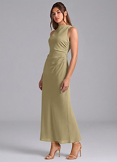 Azazie Evadne Bridesmaid Dresses Moss Green Sheath Pleated Chiffon Dress image1