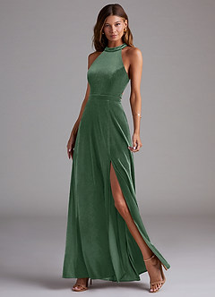 Azazie Clarice Bridesmaid Dresses Eucalyptus A-Line Side Slit Velvet Dress image3