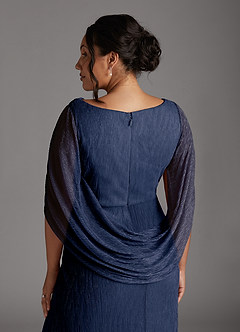 Azazie Paige Mother of the Bride Dresses Dark Navy Sheath Pleated Cape Metallic Mesh Dress image9