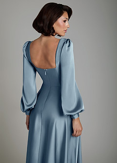Azazie Solana Bridesmaid Dresses Dusty Blue A-Line Long Sleeve Stretch Satin Dress image4