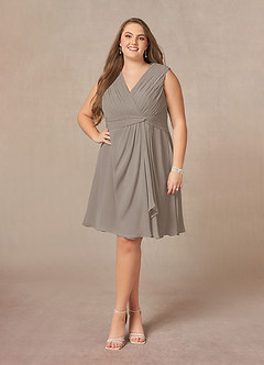 Azazie Theron Mother of the Bride Dresses Taupe A-Line V-Neck Pleated Chiffon Dress image6