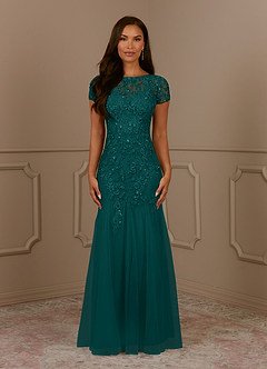 Azazie Laurie Abiti per la Madre della Sposa Abito Sirena in Tulle con Scollo a U e Paillettes Verde Pavone image2