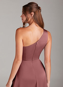 Azazie Brooke Bridesmaid Dresses Amethyst A-Line One Shoulder Stretch Satin Dress image2